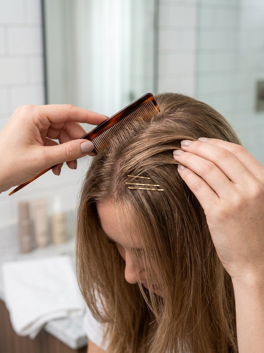 Close-up of hands using a tortoiseshell comb to style hair sectioned with three small gold hairpins.