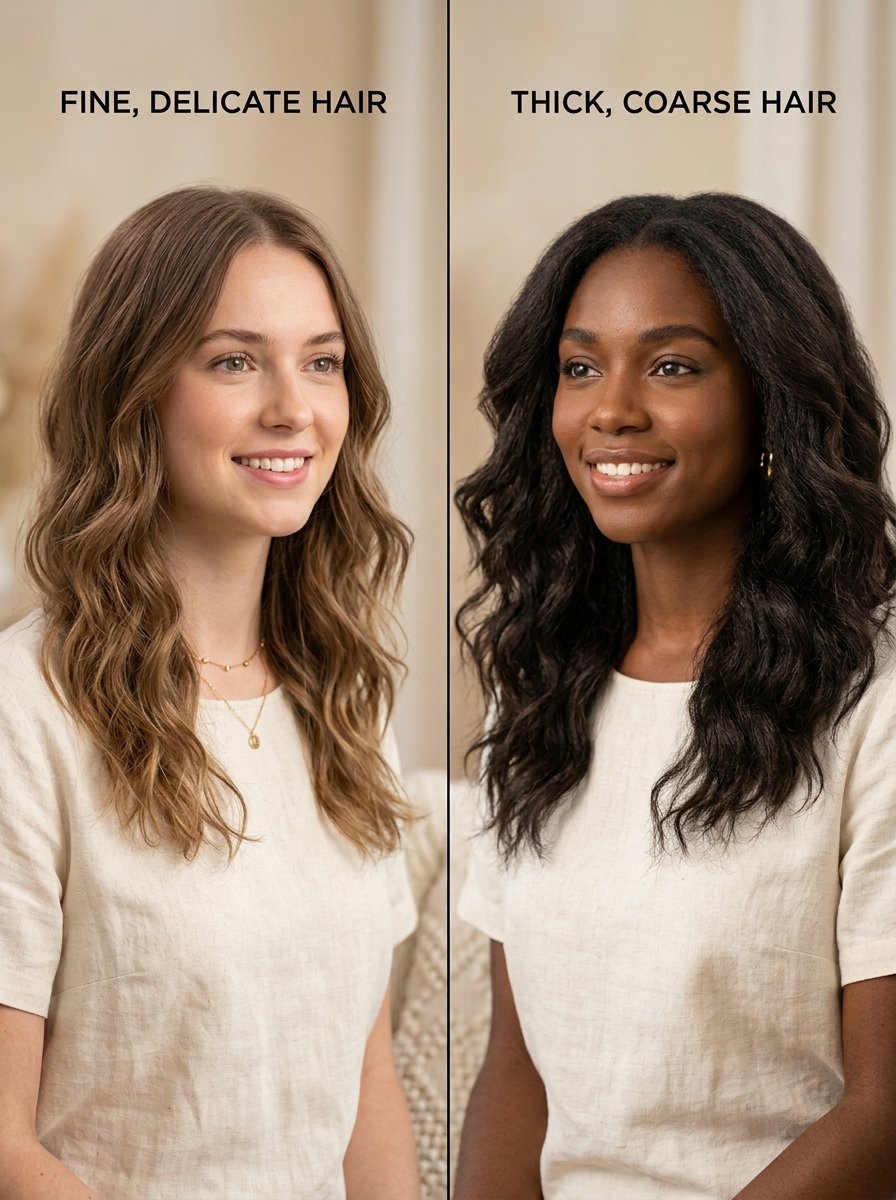 Split screen showing a woman with light brown fine hair and a woman with dark brown thick textured hair.