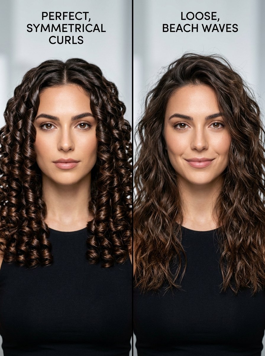 Split image showing the same brunette woman with uniform spiral curls on the left and soft, wavy hair on the right.