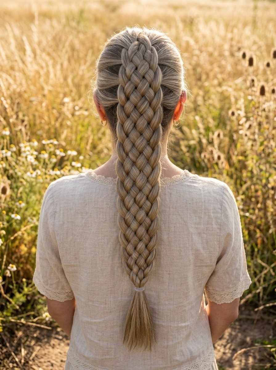Back view of a woman wearing a sophisticated, intricate multi-strand braid hairstyle.