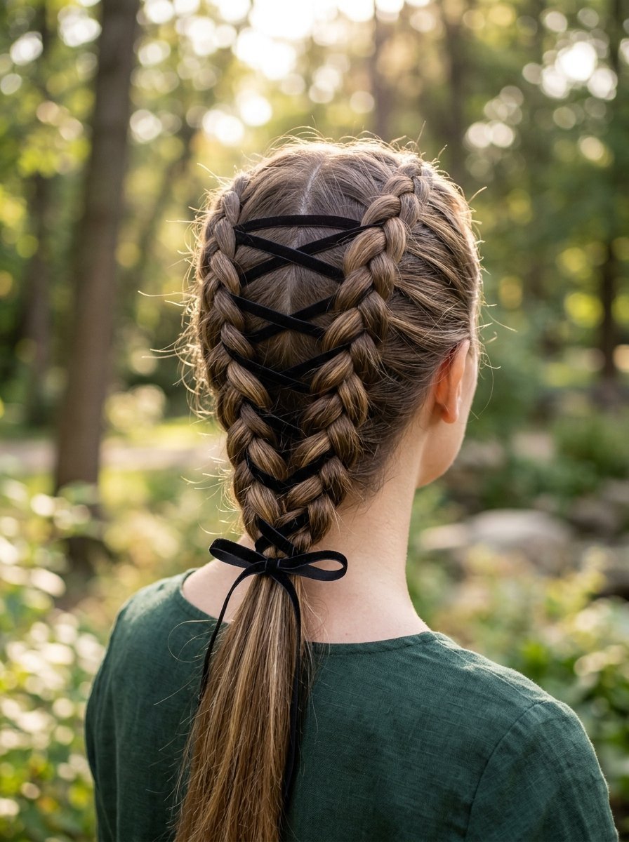 Close up rear view of a woman with two french braids connected by a crisscross black velvet ribbon and bow.