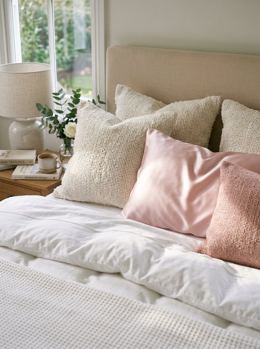 Close-up of a made bed featuring white textured pillows, a smooth pink pillow, and a wooden nightstand with books.