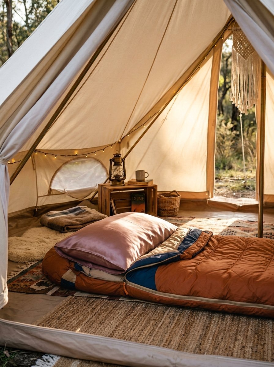 A sleeping bag with a silky pillow inside a canvas bell tent featuring rustic decor and fairy lights.