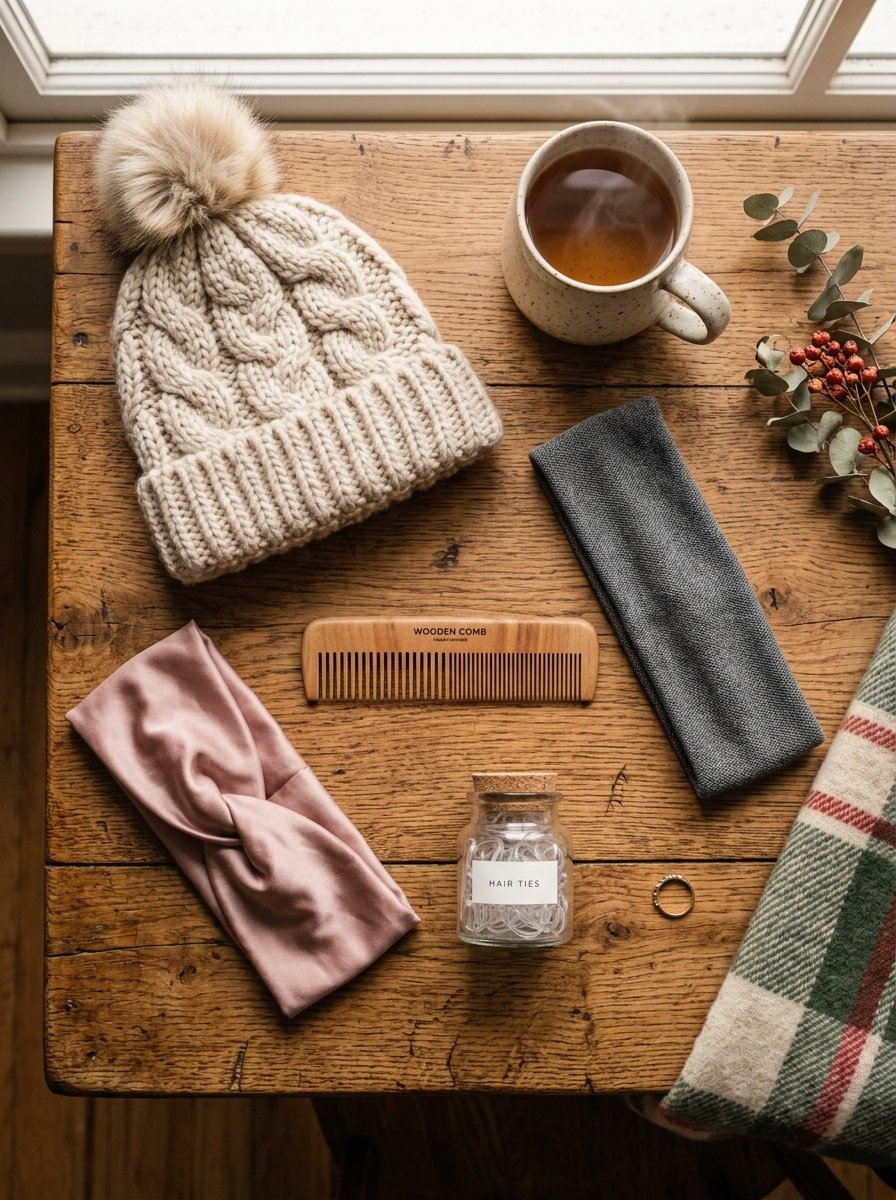 Top view of a beige knit pom-pom hat, headbands, wooden comb, hair ties, and a steaming mug on a rustic desk.