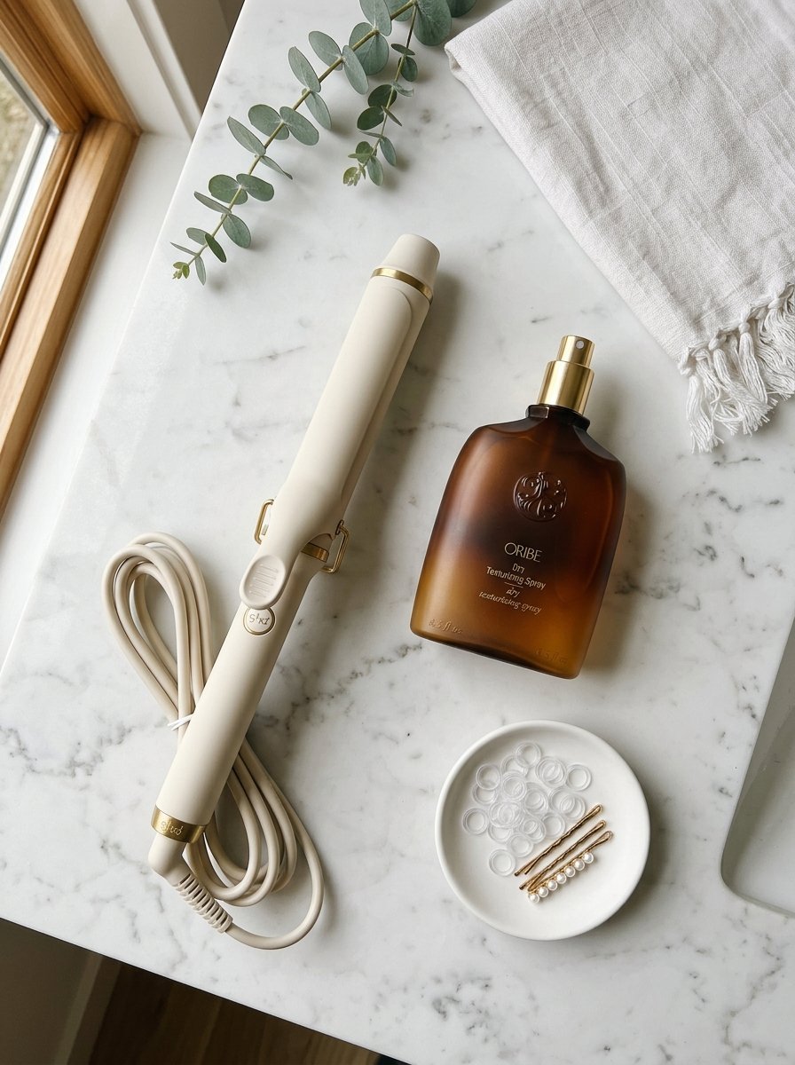 Top-down view of a modern curling wand, brown glass hair spray bottle, and small hair elastics on a marble counter.