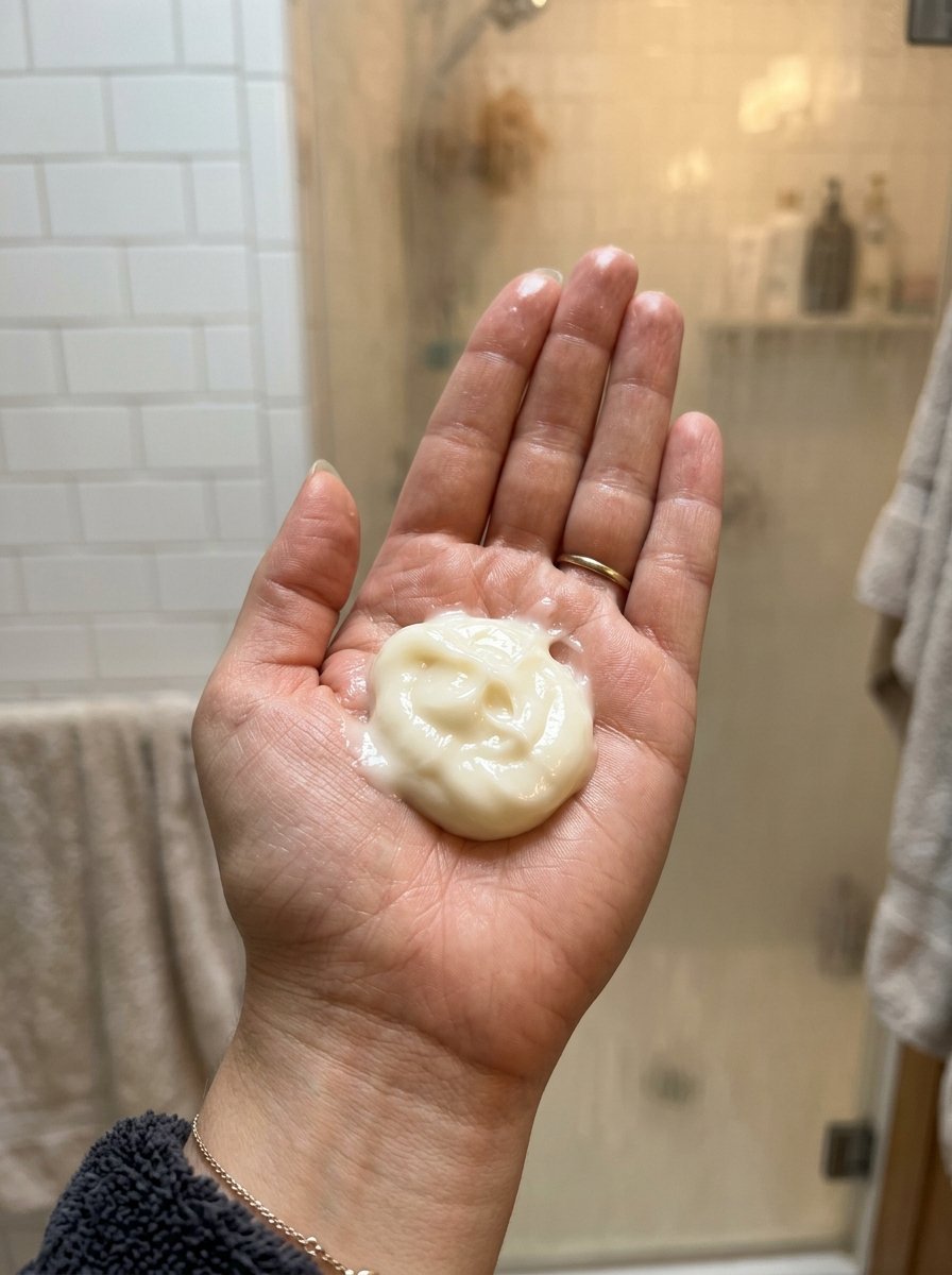 Close-up of a person holding a thick, creamy skincare product in the center of their hand.