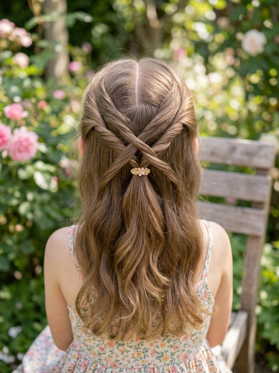 Back view of a child with flowing wavy hair featuring a twisted X-shaped design secured by a golden flower accessory.