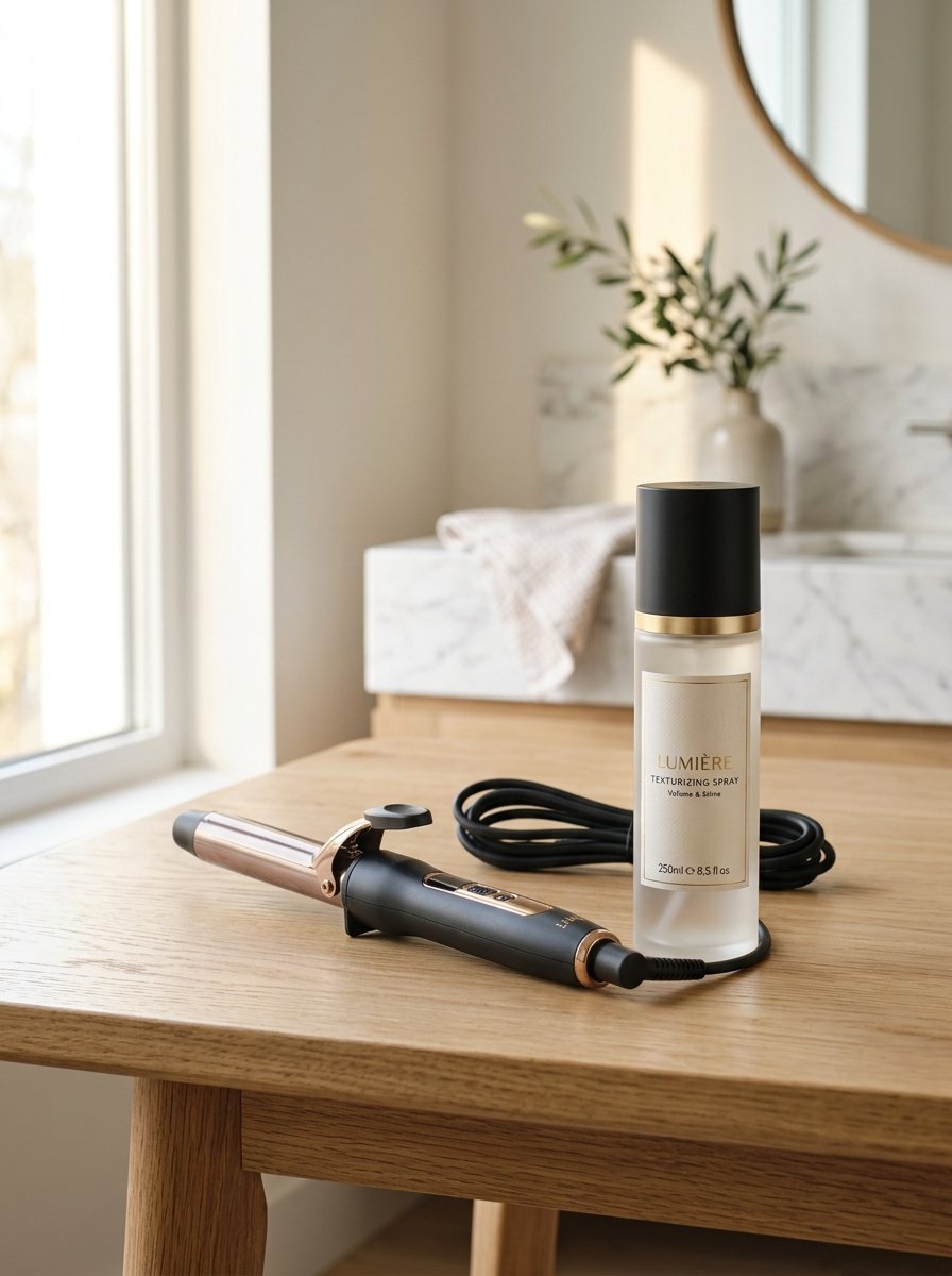 A curling iron sits next to a bottle of Lumiere texturizing spray on a light oak table.