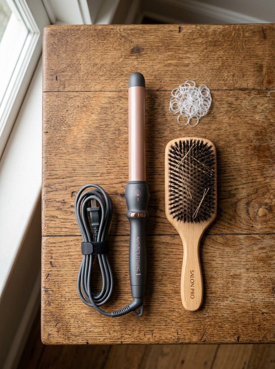 Professional curling iron, wooden paddle brush, bobby pins, and clear hair elastics arranged on a rustic wooden table.