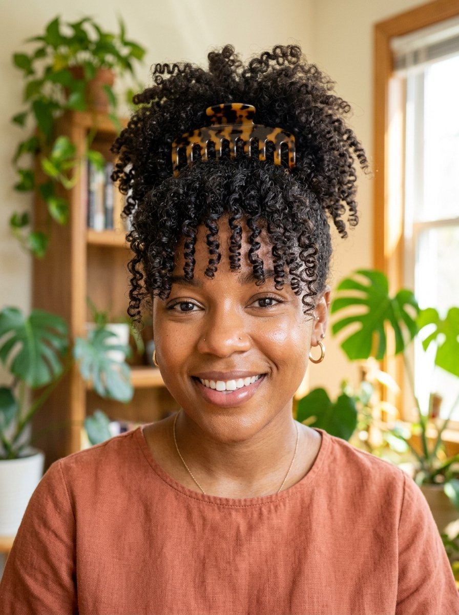Portrait of a woman wearing a tortoiseshell hair clip in her curly hair with bangs, standing in a room with plants.