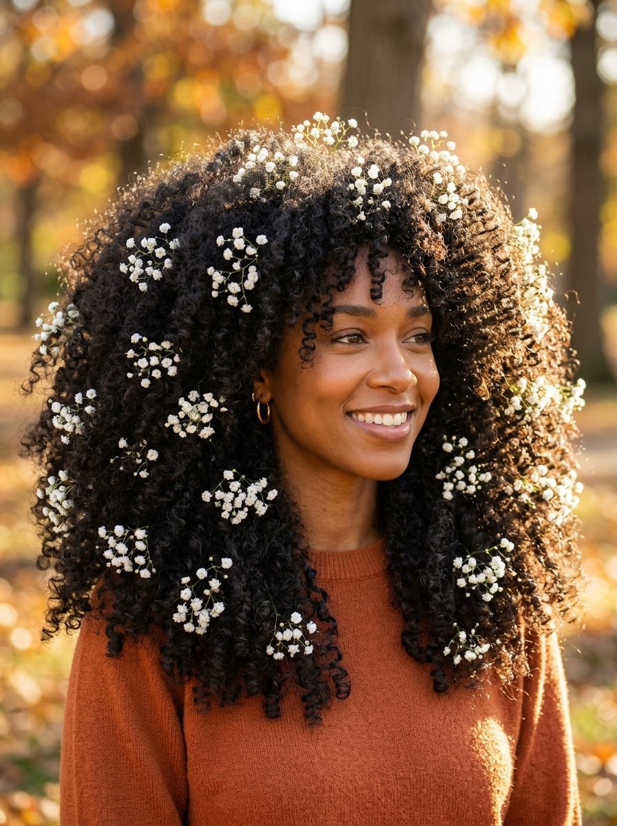 Portrait of a smiling Black woman with voluminous curly hair decorated with small white baby's breath flowers.