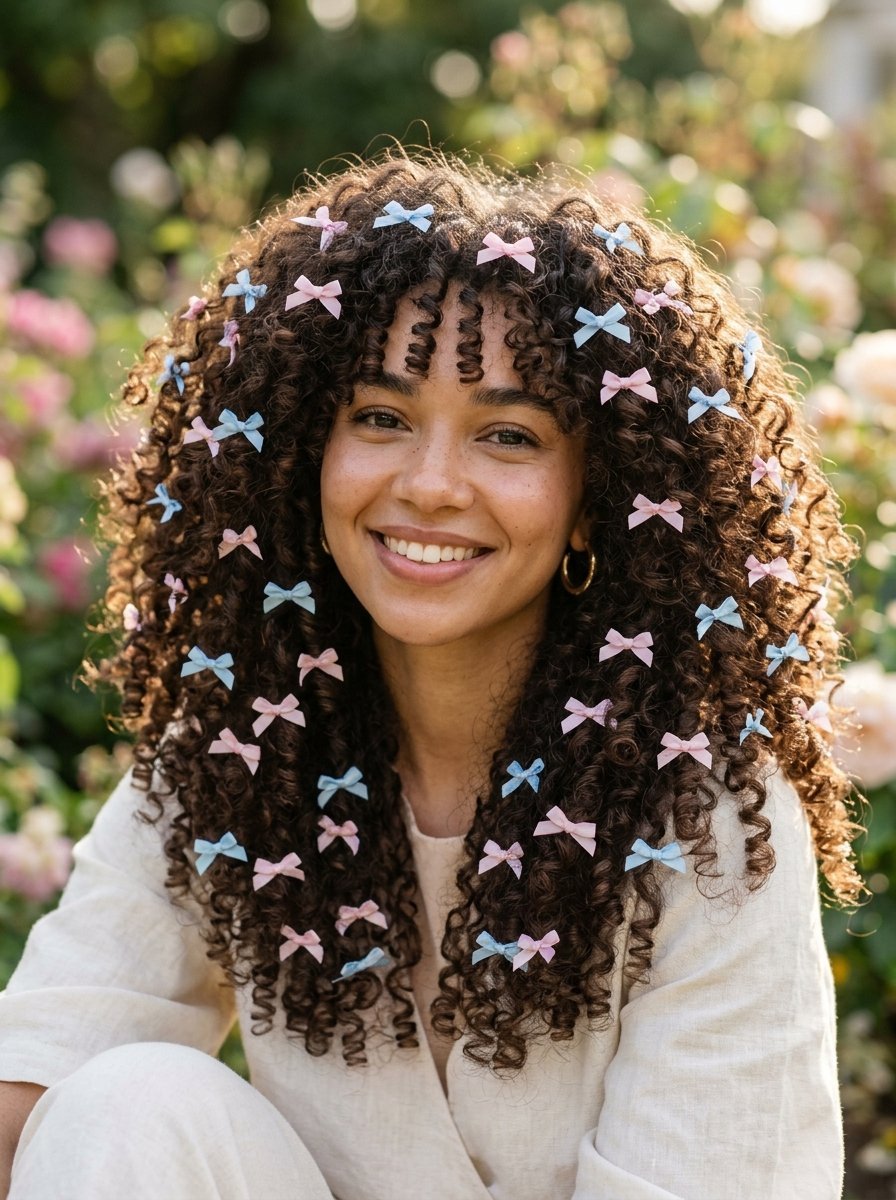 Portrait of a person with voluminous dark curls adorned with many small pink and blue decorative hair bows.