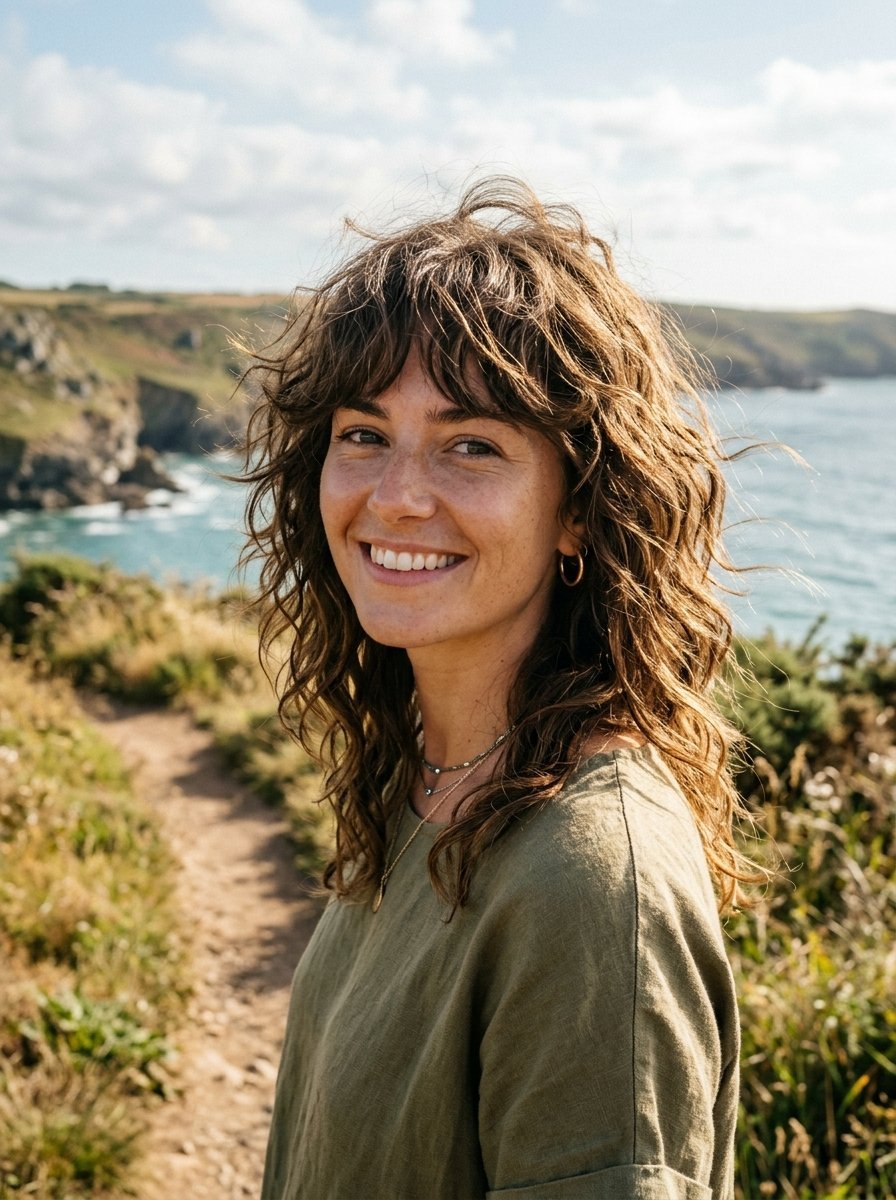 Close-up portrait of a woman with curly brown hair posing on a sunny coastal cliff path by the ocean.