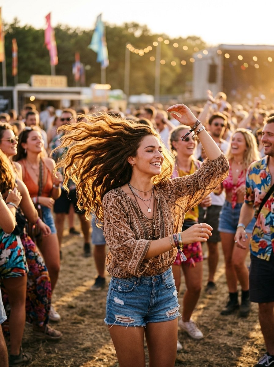 A joyful girl in a boho top and denim shorts dances with her hair flowing amidst a crowd at a summer music concert.