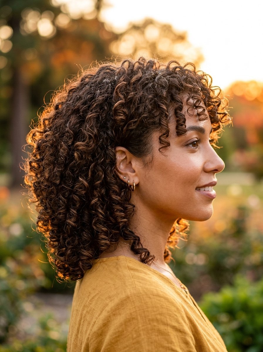 Profile view of a young woman with ringlet curls wearing a yellow shirt outdoors at sunset.