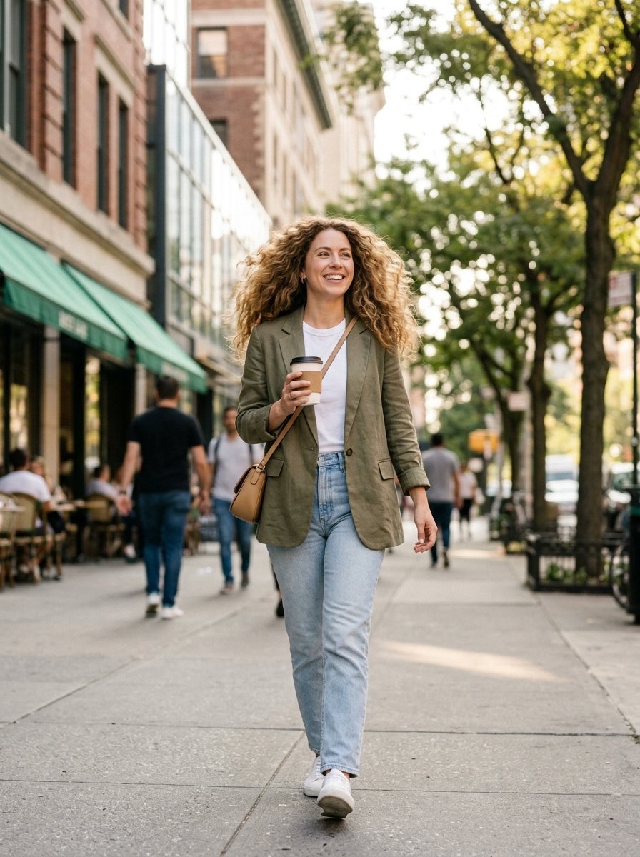 Smiling woman in an olive blazer and light jeans carrying a coffee cup on a sidewalk.