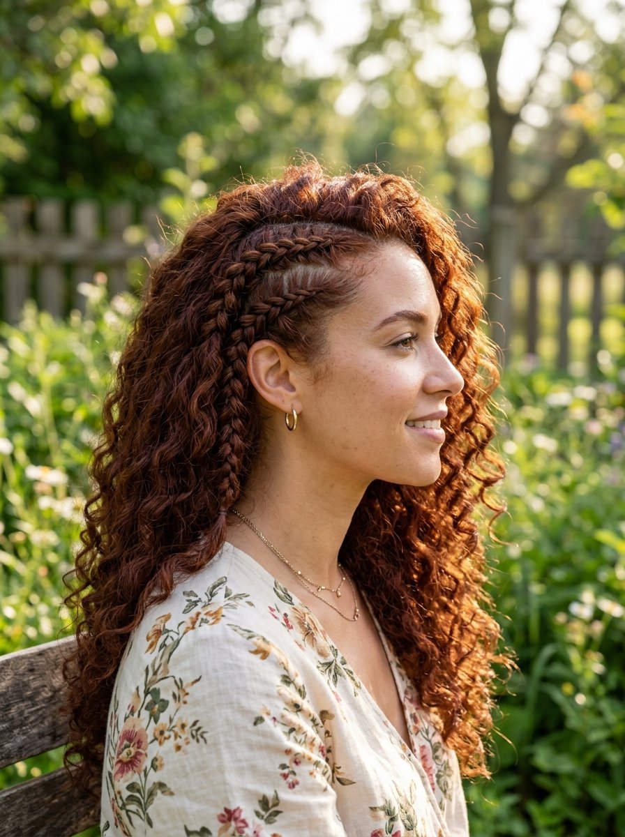 Profile view of a woman with long red curly hair and two side braids sitting in a lush garden.