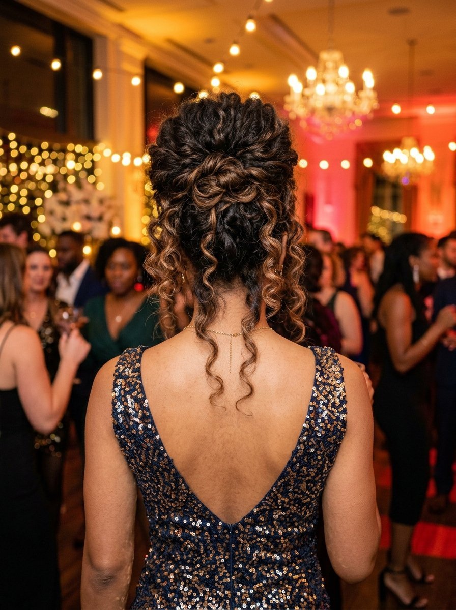 Back view of a person with curly brown hair in an updo, wearing a sparkling blue and gold sequin evening dress.