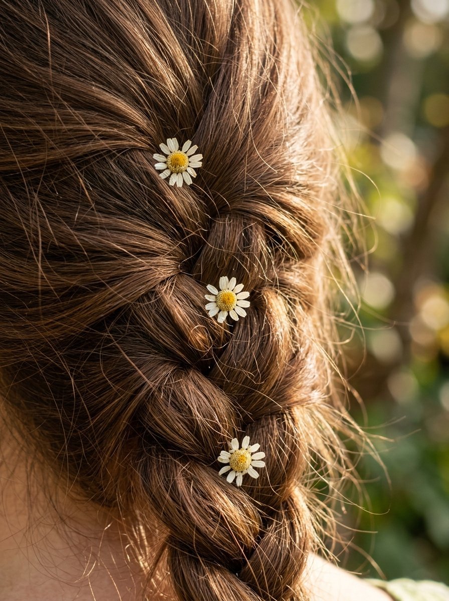 Back view of a woman with long brown hair braided with three small daisy flowers pinned inside.