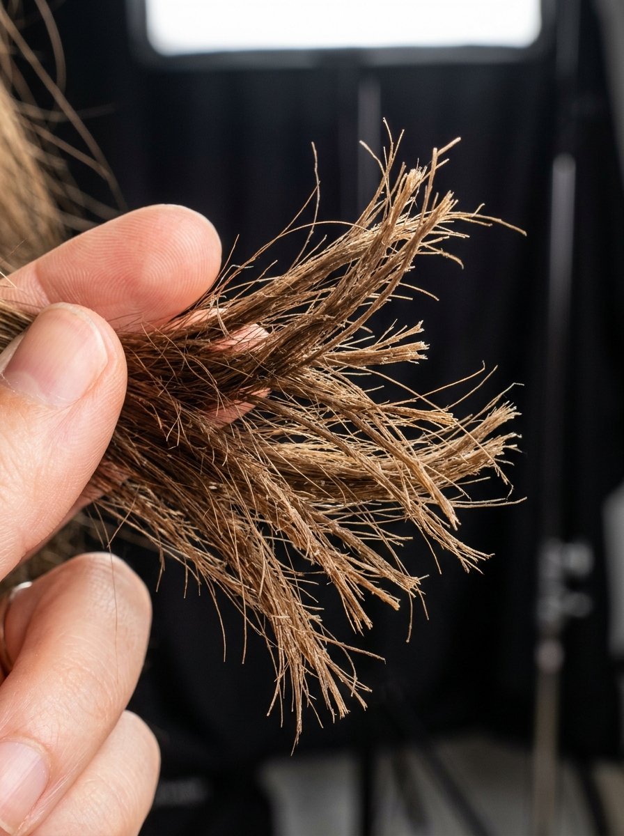 Human fingers holding a small section of dry hair showing severe breakage and fraying tips.