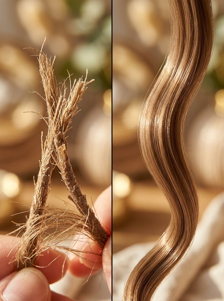 Close-up split screen showing a brittle frayed hair strand versus a single shiny hydrated wavy hair.