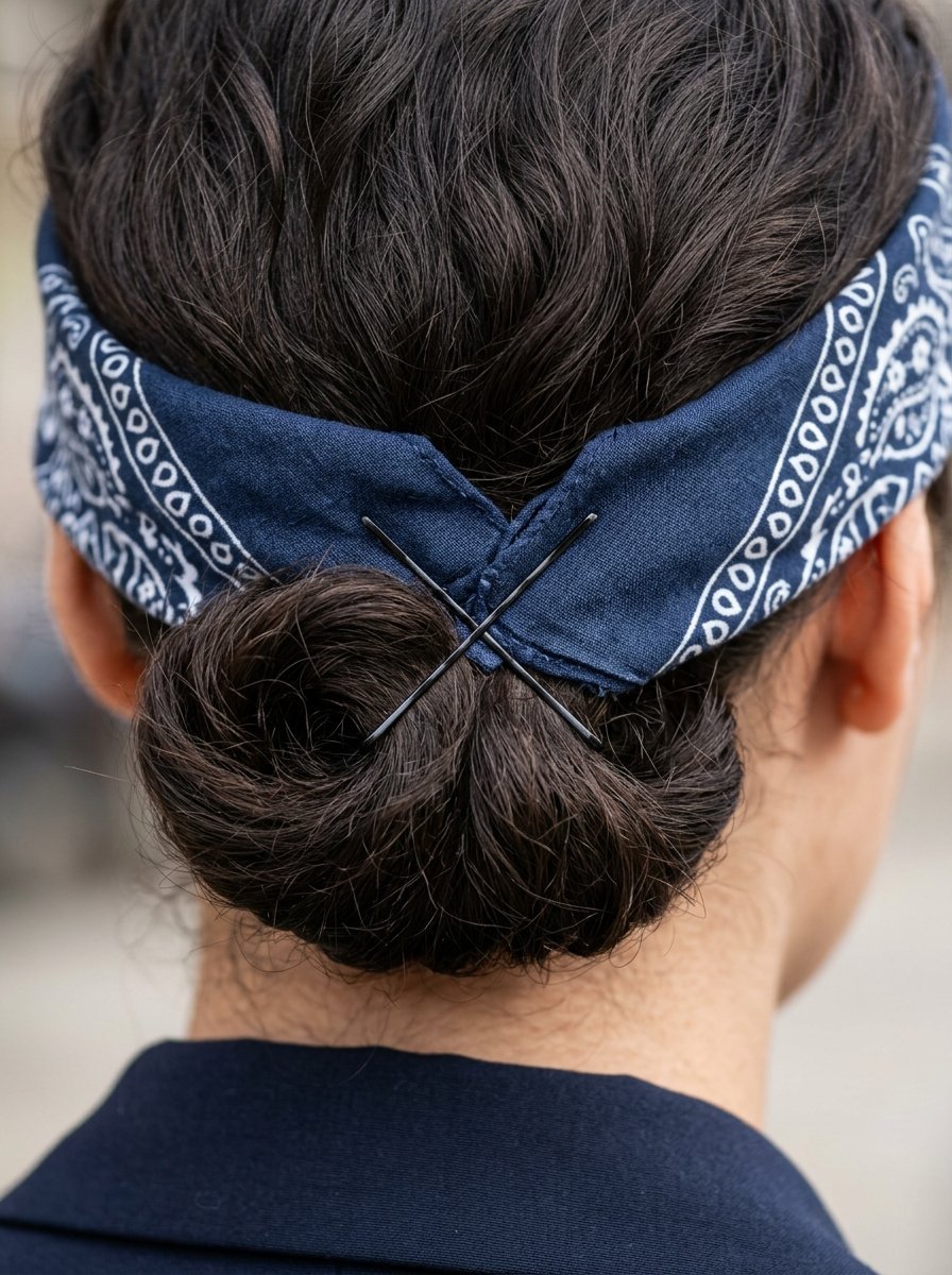 Back view of a person with dark hair in a low bun wearing a blue paisley bandana held in place with crossed bobby pins.
