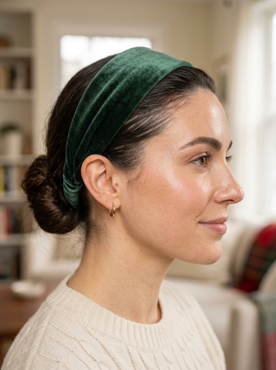 Profile view of a woman with a dark brunette bun wearing a wide emerald green fabric headband.