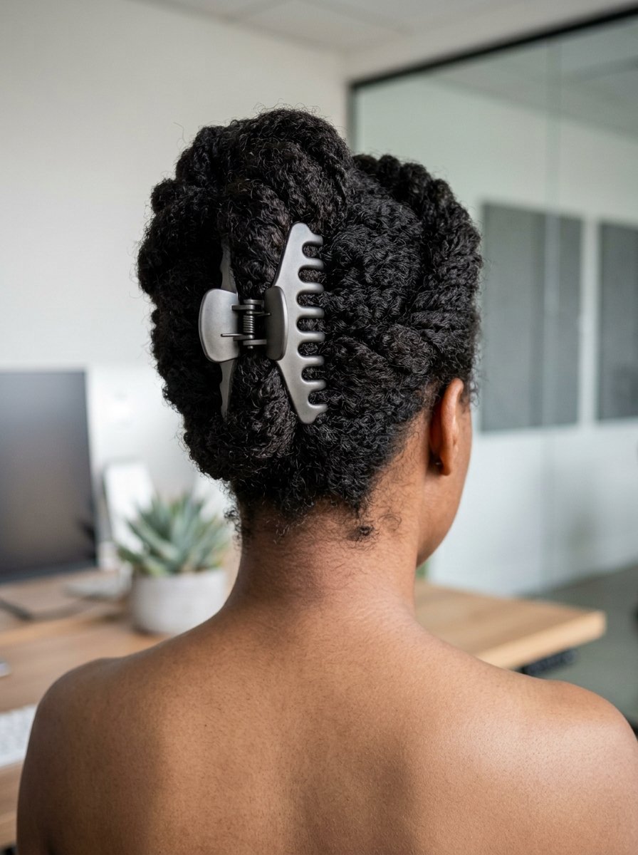 Close-up back view of a woman with curly hair secured in a simple dark gray hair claw.