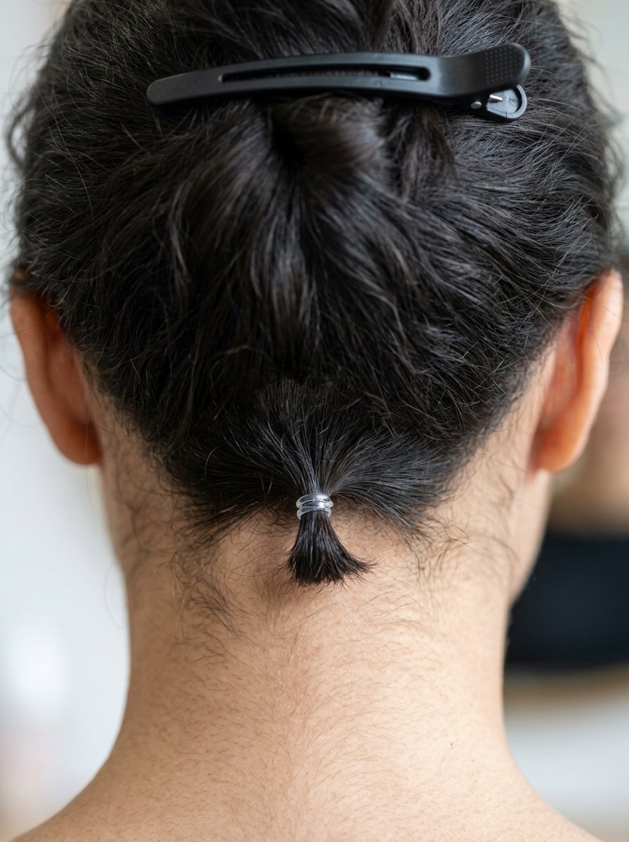 Back view of a person with dark hair pulled up using a black hair clip and a small clear elastic band.