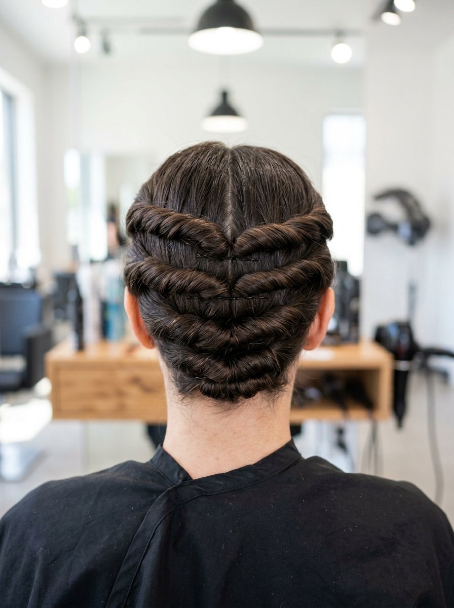 Close up of a woman with dark hair in a complex series of horizontal twists secured with bobby pins in a salon.