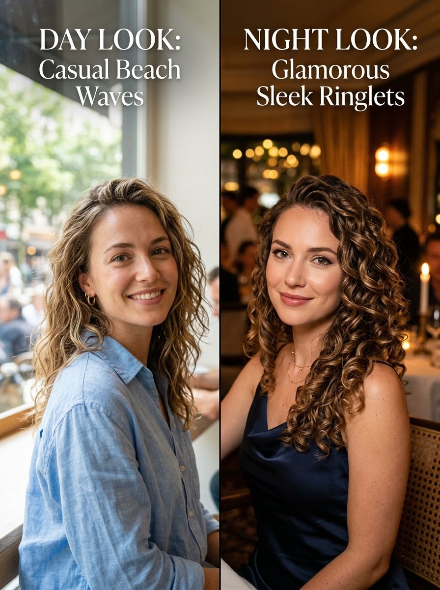 Split image showing a woman with beachy waves in daylight versus defined ringlets in a dim restaurant setting.