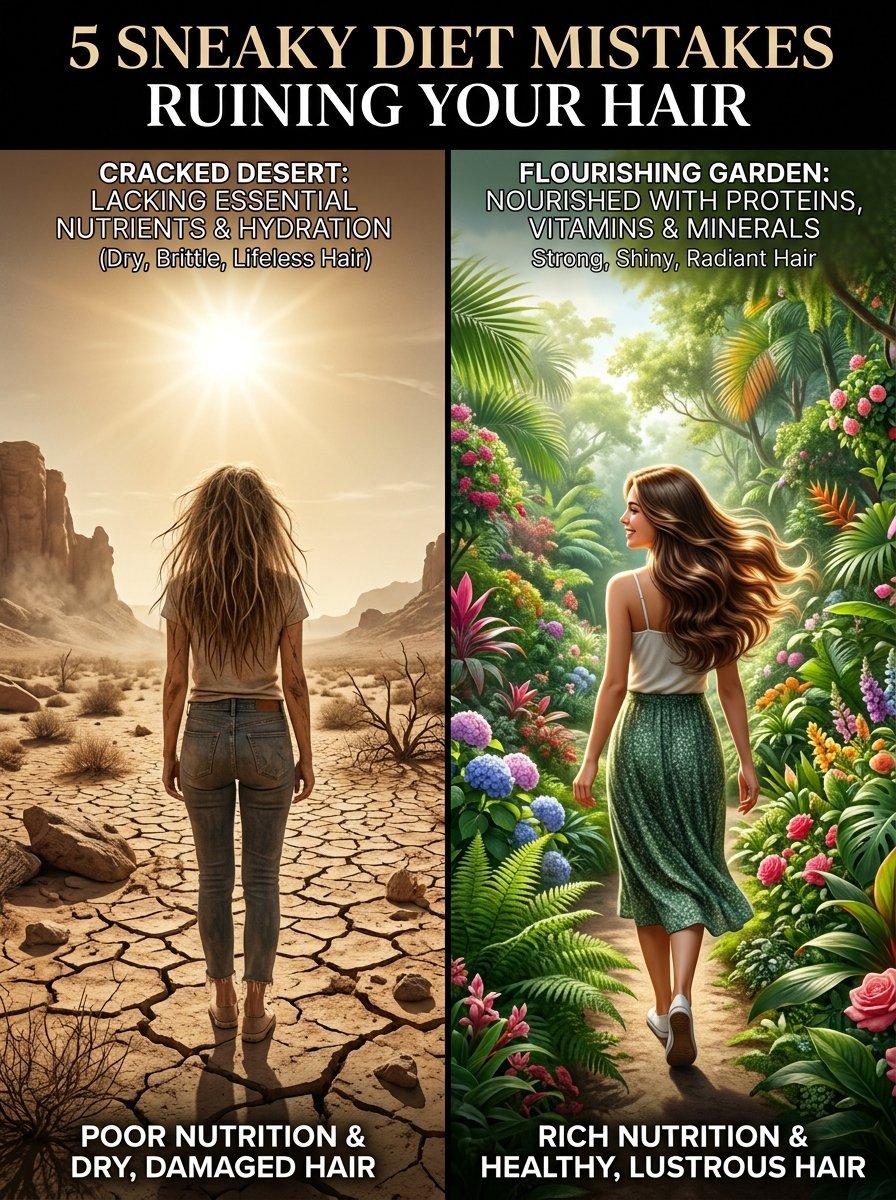 Split screen image showing a woman in a desert representing dry hair and a woman in a garden representing healthy hair.