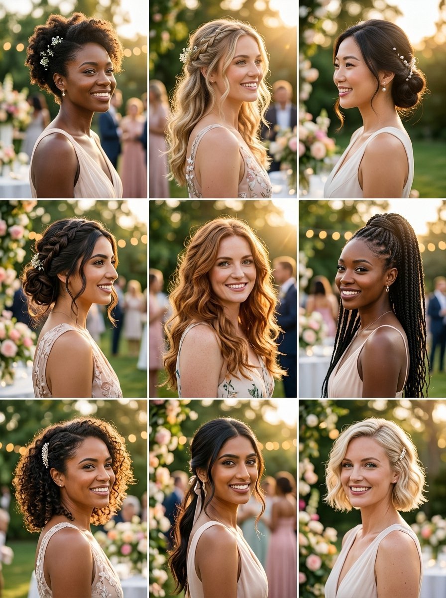 Collage of nine diverse women in bridesmaid dresses featuring various elegant hairstyles at an outdoor reception.