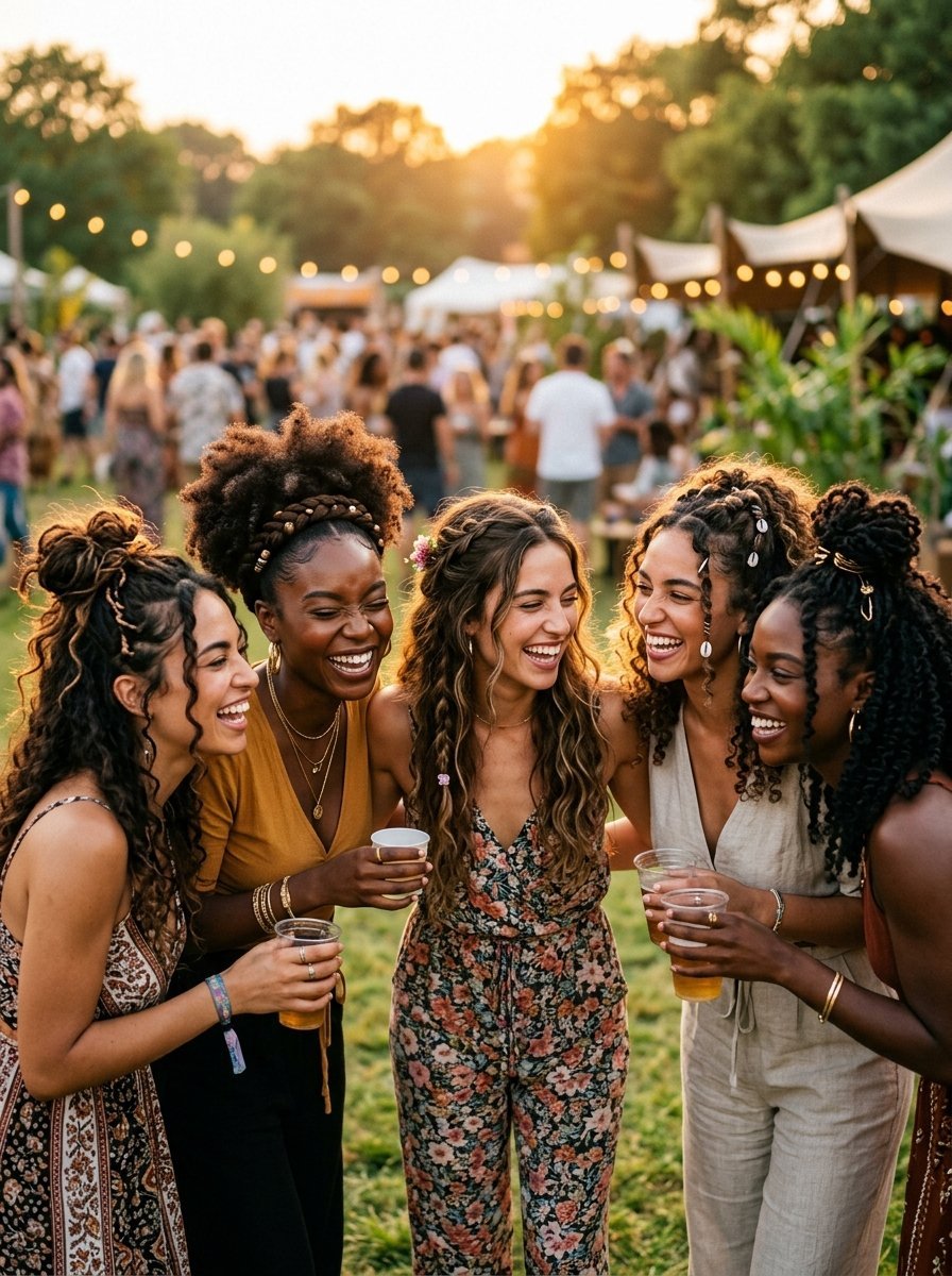 Group of five diverse young women laughing together while holding plastic cups at a summer garden party.