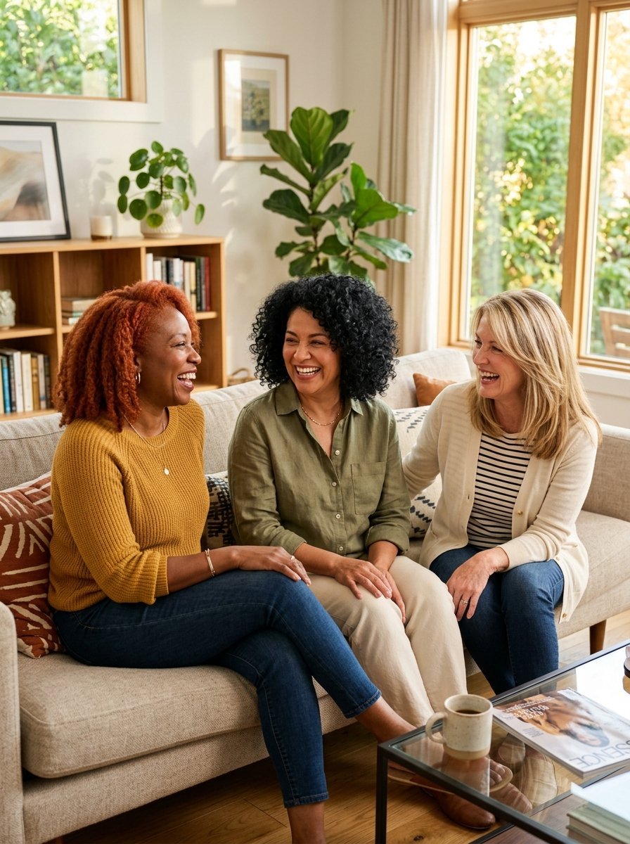 Three female friends smiling and laughing together while sitting on a comfortable beige couch.
