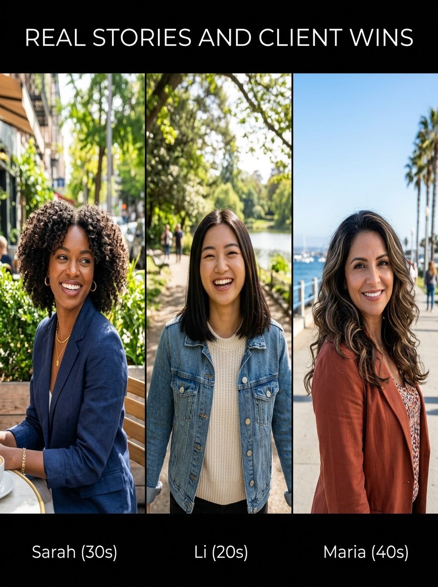 A collage showing three happy women of different ages and backgrounds in outdoor settings.