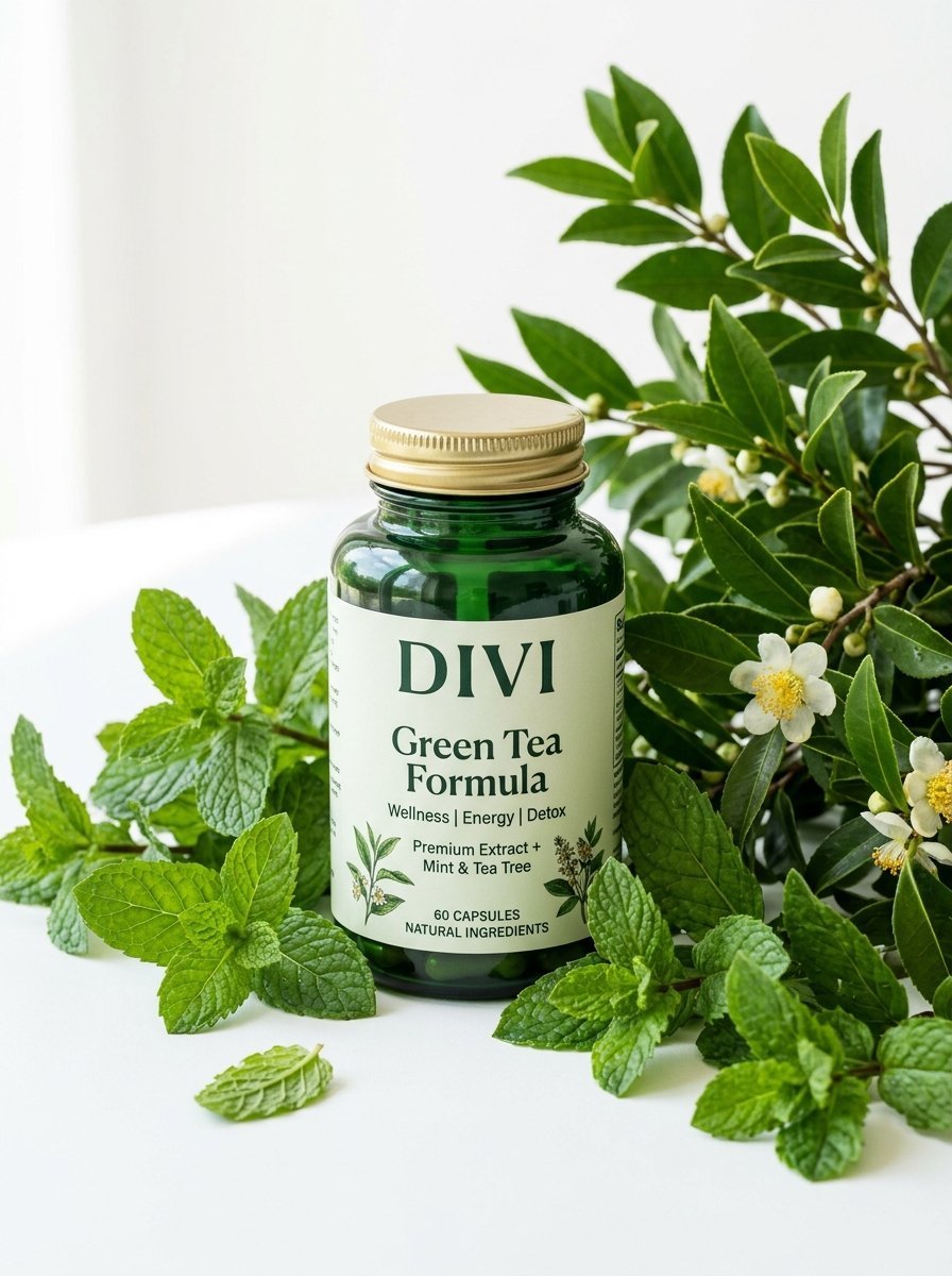 Green glass bottle of wellness capsules surrounded by fresh mint leaves and flowering tea tree branches.