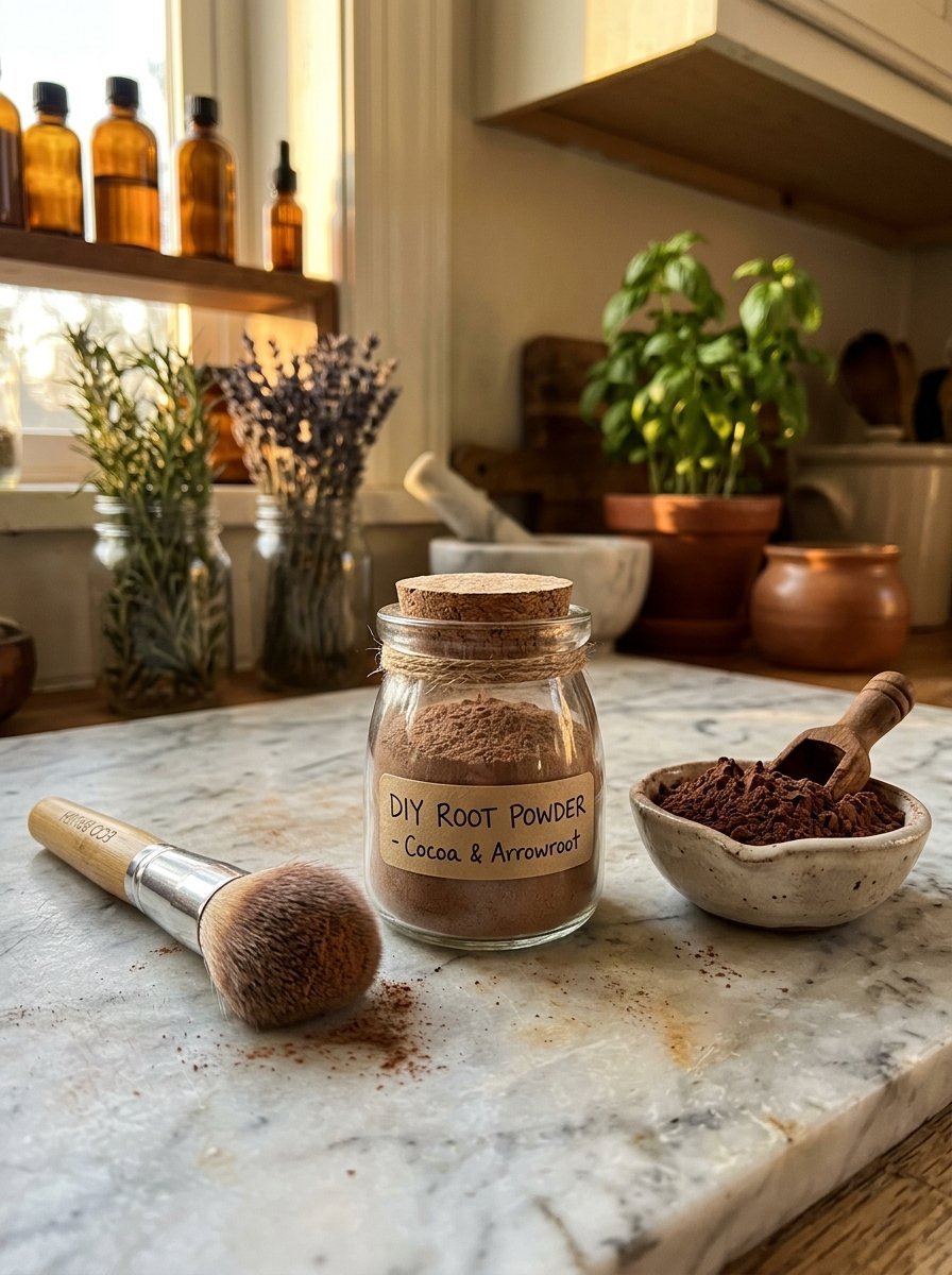 A small glass jar of brown root powder sits on a marble counter next to a makeup brush and a small bowl of cocoa powder.