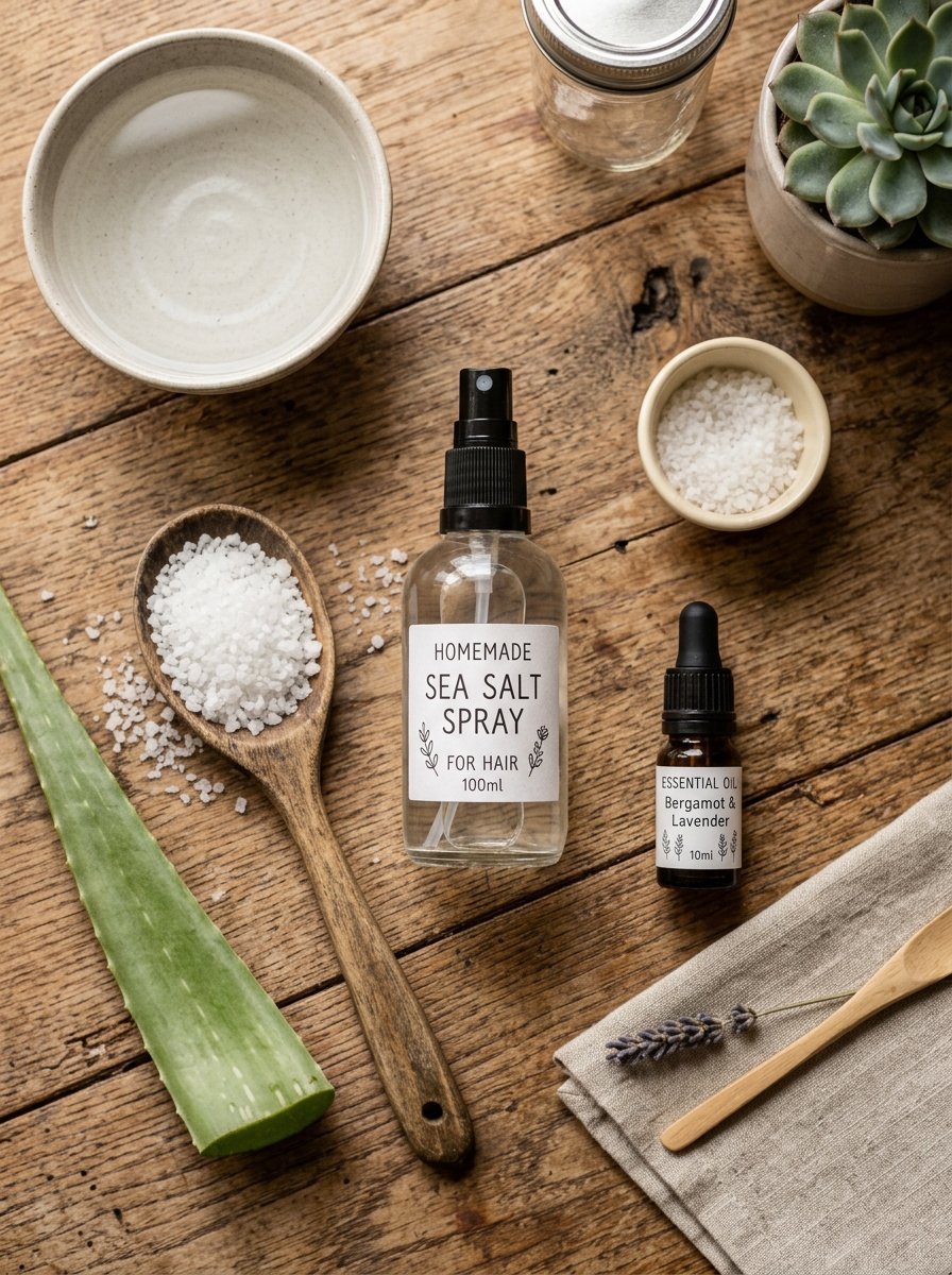 A wooden table featuring a spray bottle, sea salt in a spoon, aloe vera leaf, and essential oil for hair care.