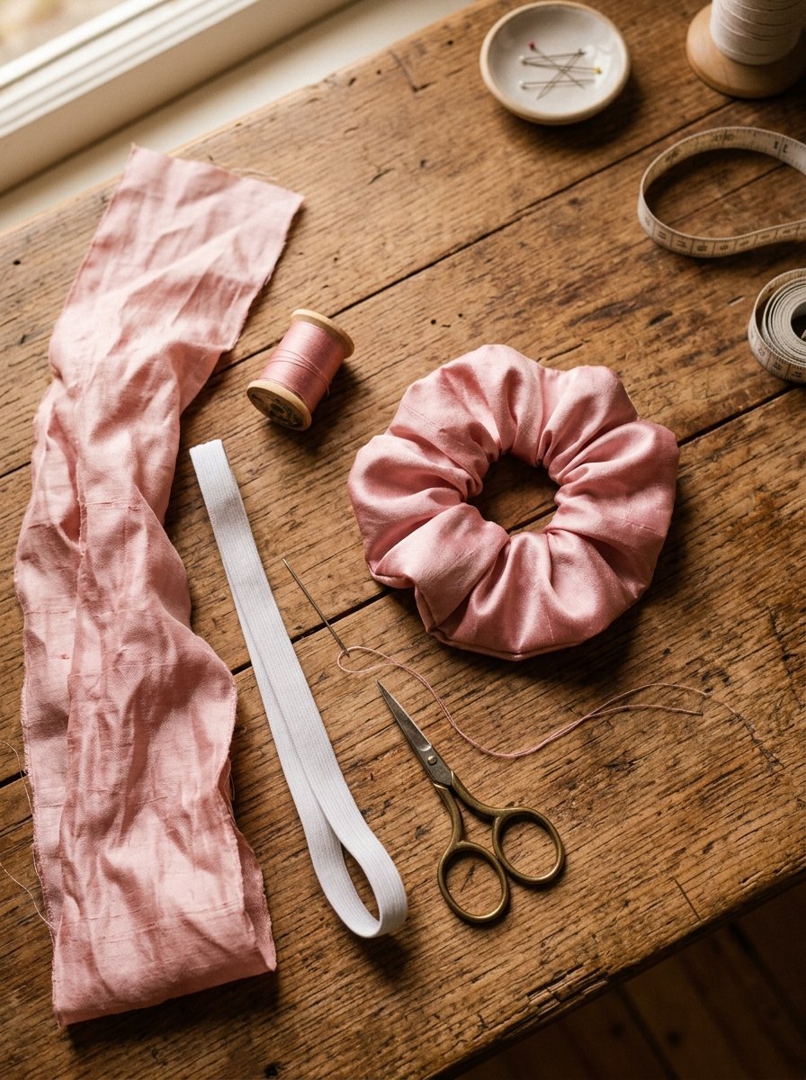 Pink silk fabric, elastic, thread, scissors, and a needle laid out on a rustic wooden craft table.