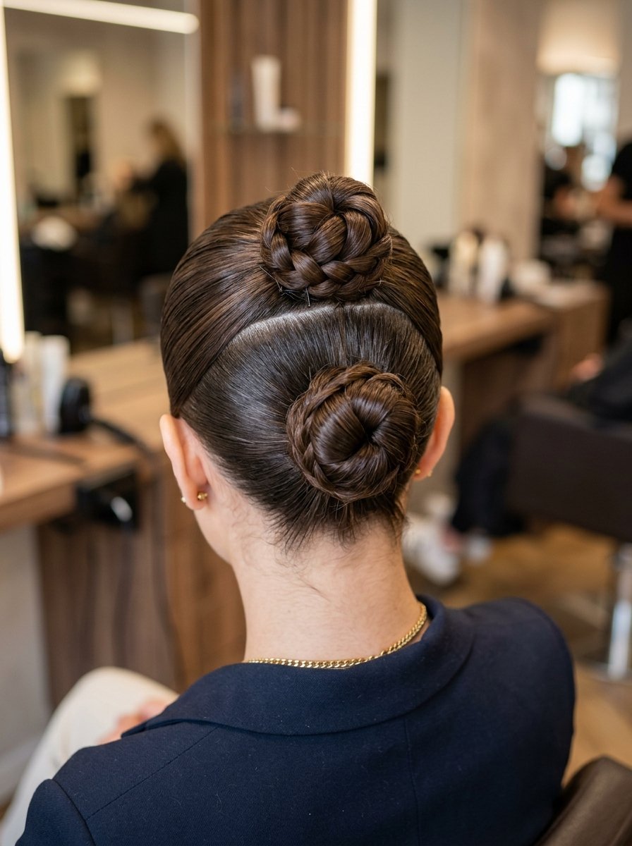 Rear view of a person with two polished, braided hair buns stacked vertically on their head in a salon.