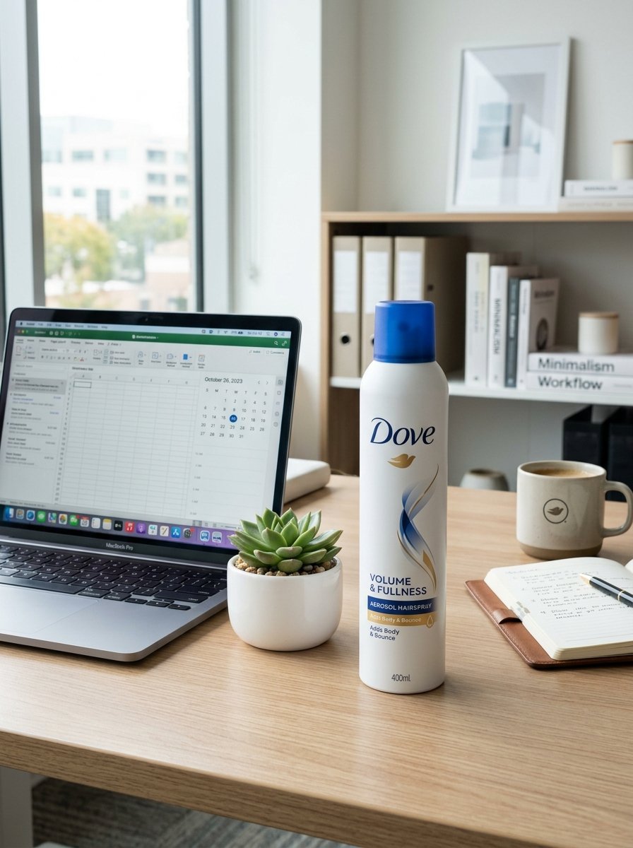 Dove hairspray bottle standing on a wooden office desk next to a laptop, succulent, and coffee mug.