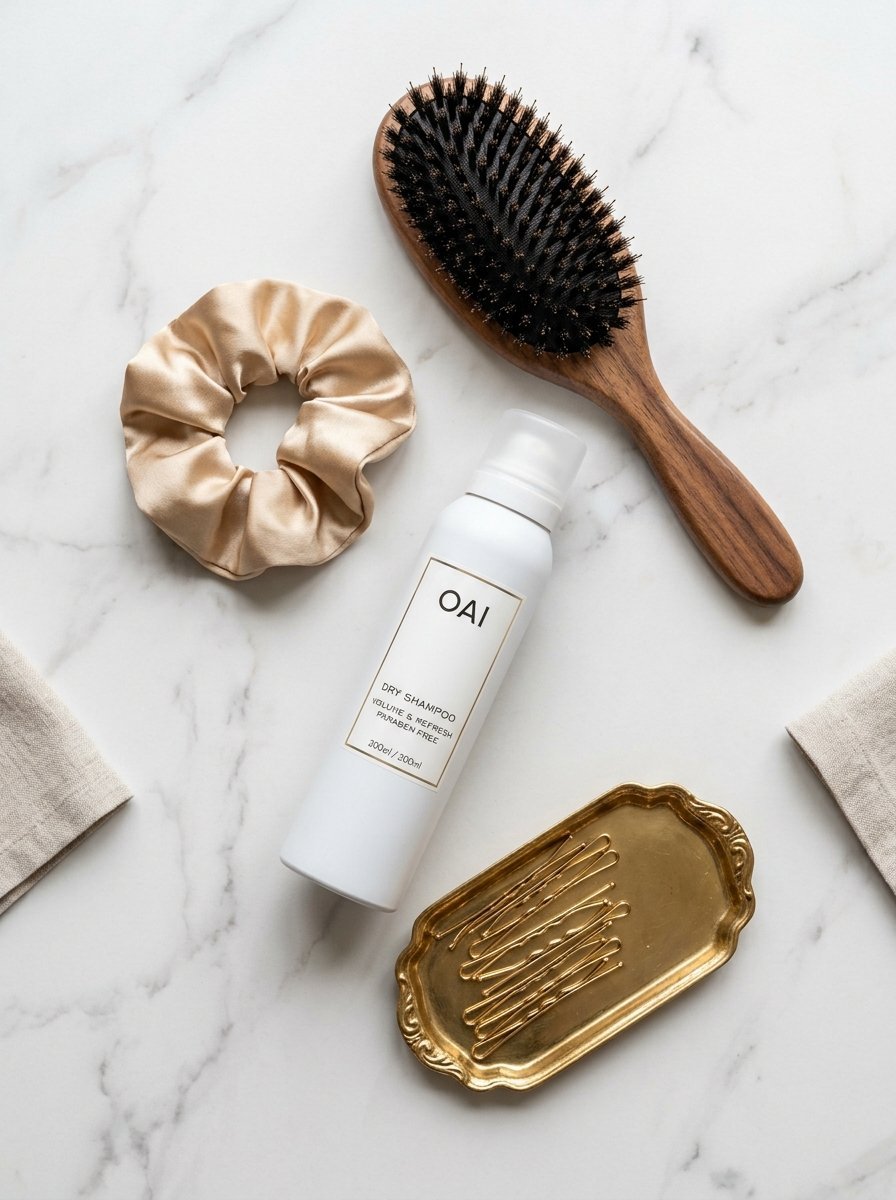 Dry shampoo, wooden brush, gold hair clips, and beige scrunchie on marble surface.