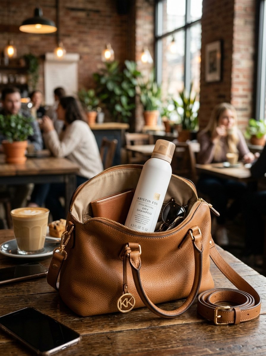 A white bottle of Kristin Ess dry shampoo tucked into an open tan leather satchel at a coffee shop.