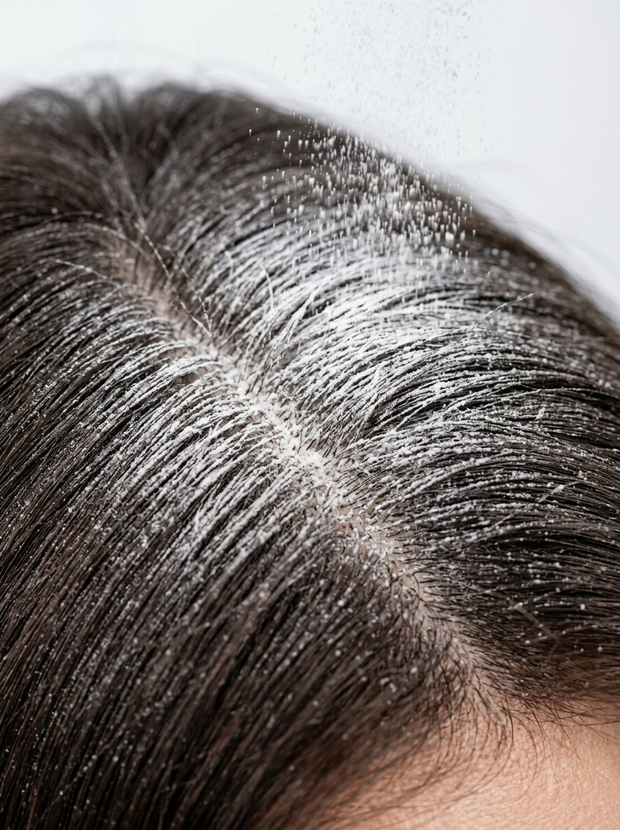 Close up overhead view of white powder falling onto a hair part to absorb oil.