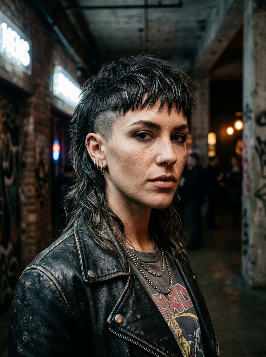 Portrait of a woman with a layered mullet hairstyle, multiple ear piercings, and a vintage style leather biker jacket.