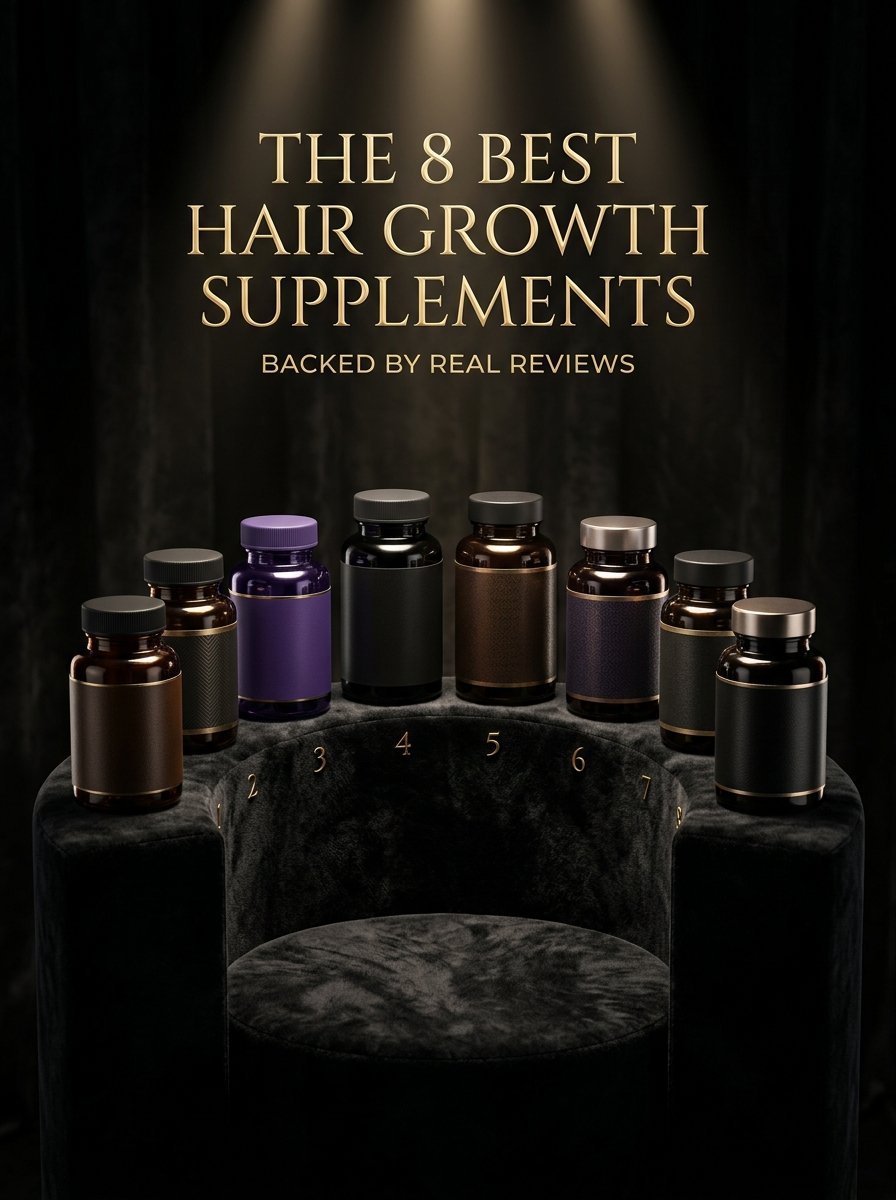 Eight dark medicine bottles arranged on a circular velvet stand under a spotlight against a black background.