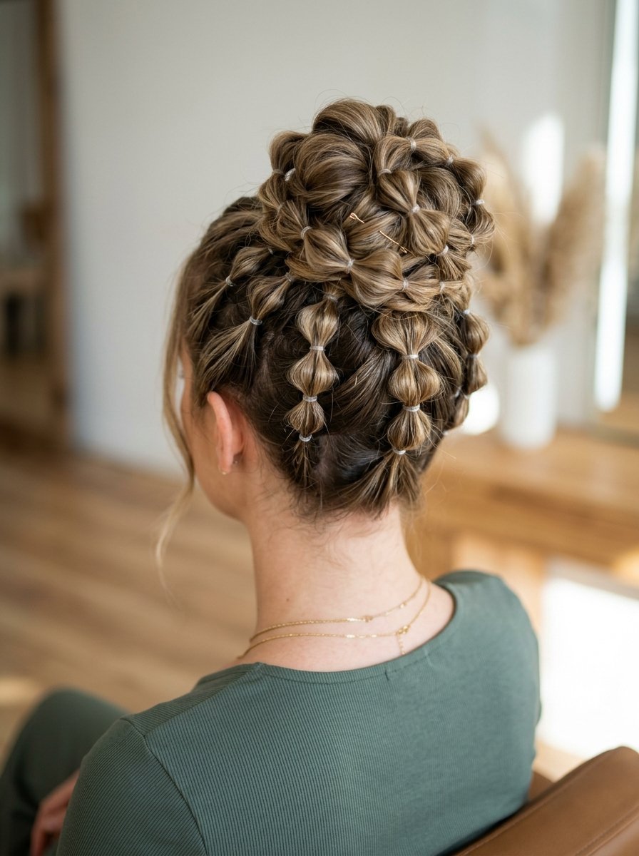 Back view of a woman with her blonde hair styled into a complex, multi-sectioned bubble braid bun.