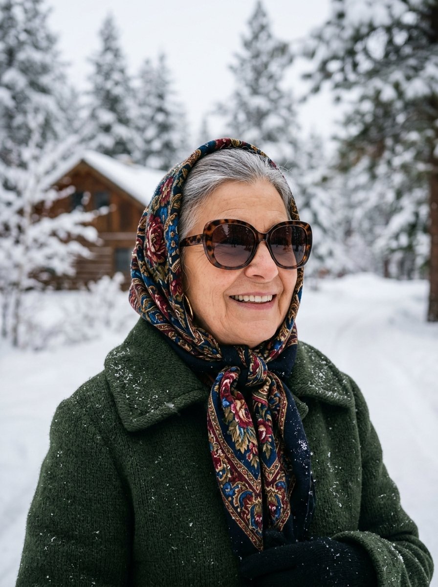 Close up of a senior woman with grey hair in a patterned headscarf, dark sunglasses, and a green wool coat in winter.