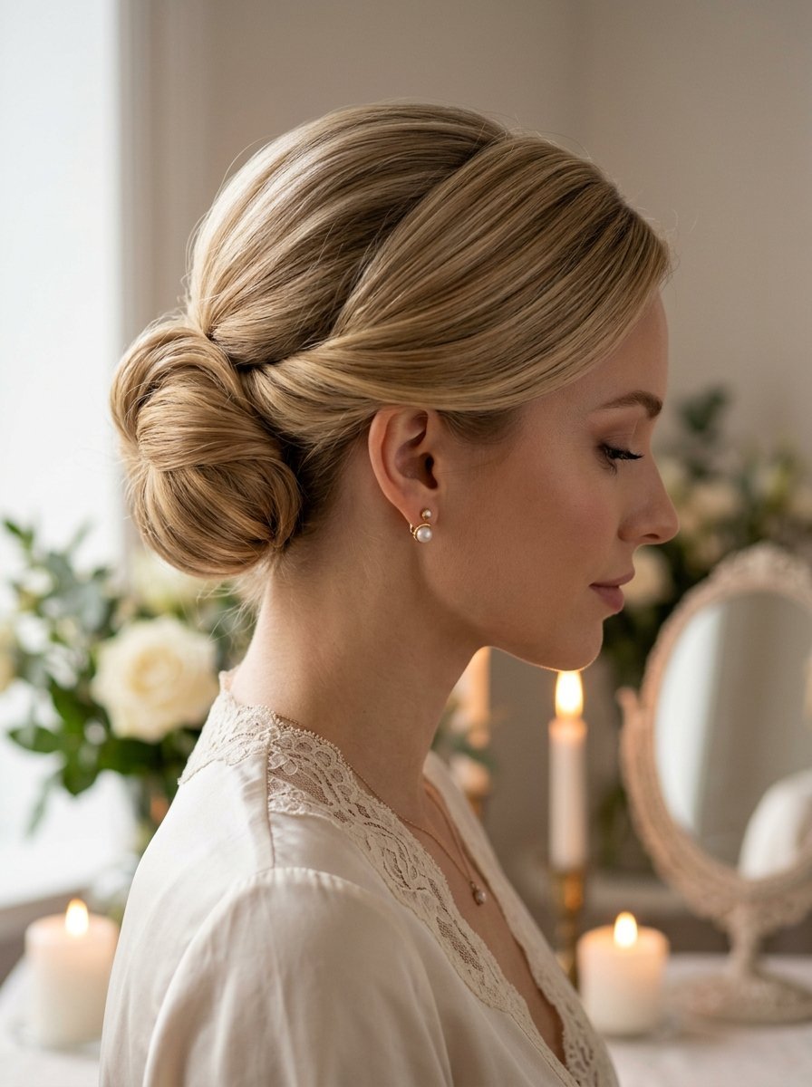 Close-up side profile of a blonde woman wearing a lace robe and pearl earrings with her hair styled in a sleek chignon.
